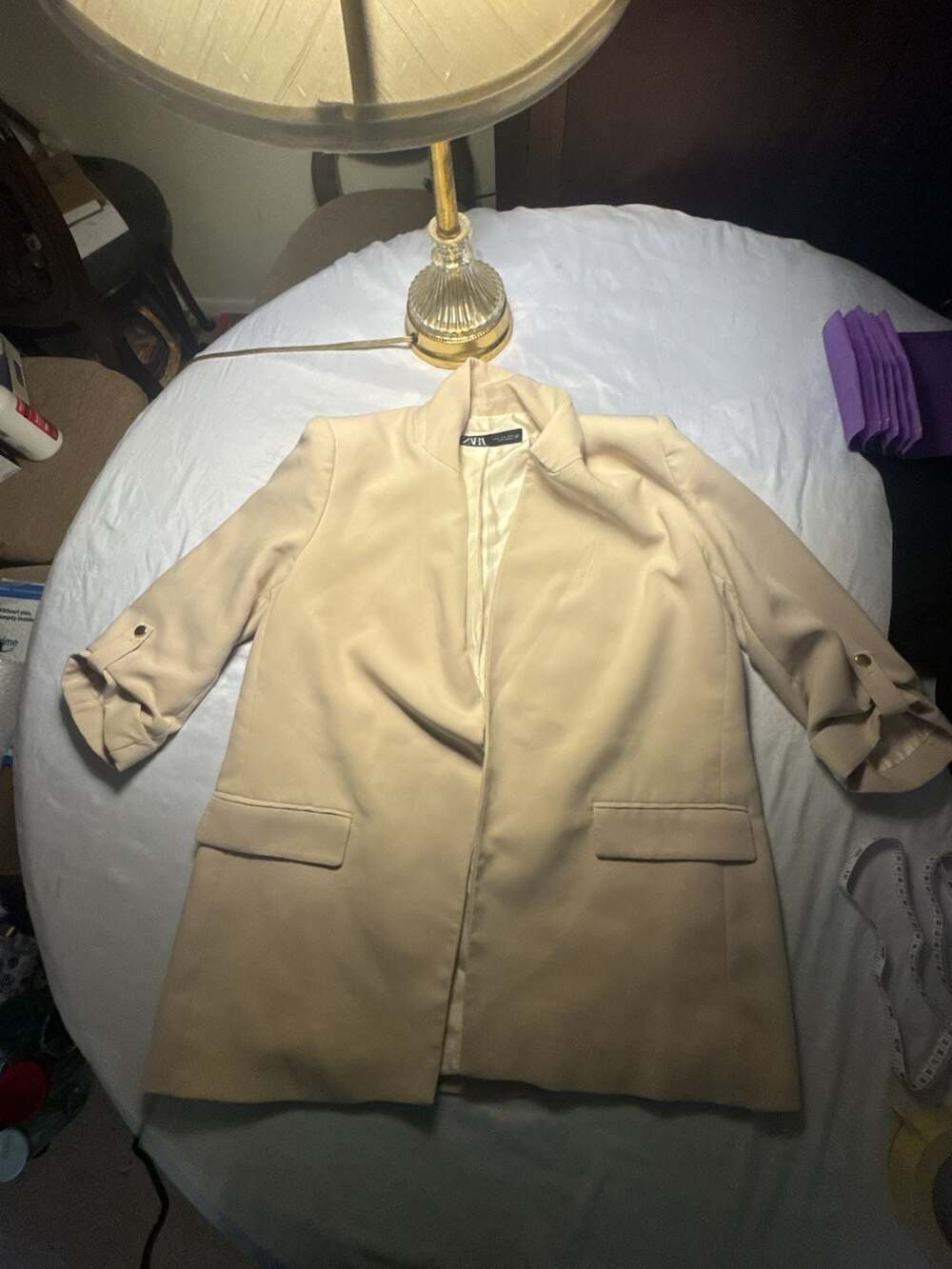 Zara Women's Beige Longline Blazer with Sleeves, Size XL